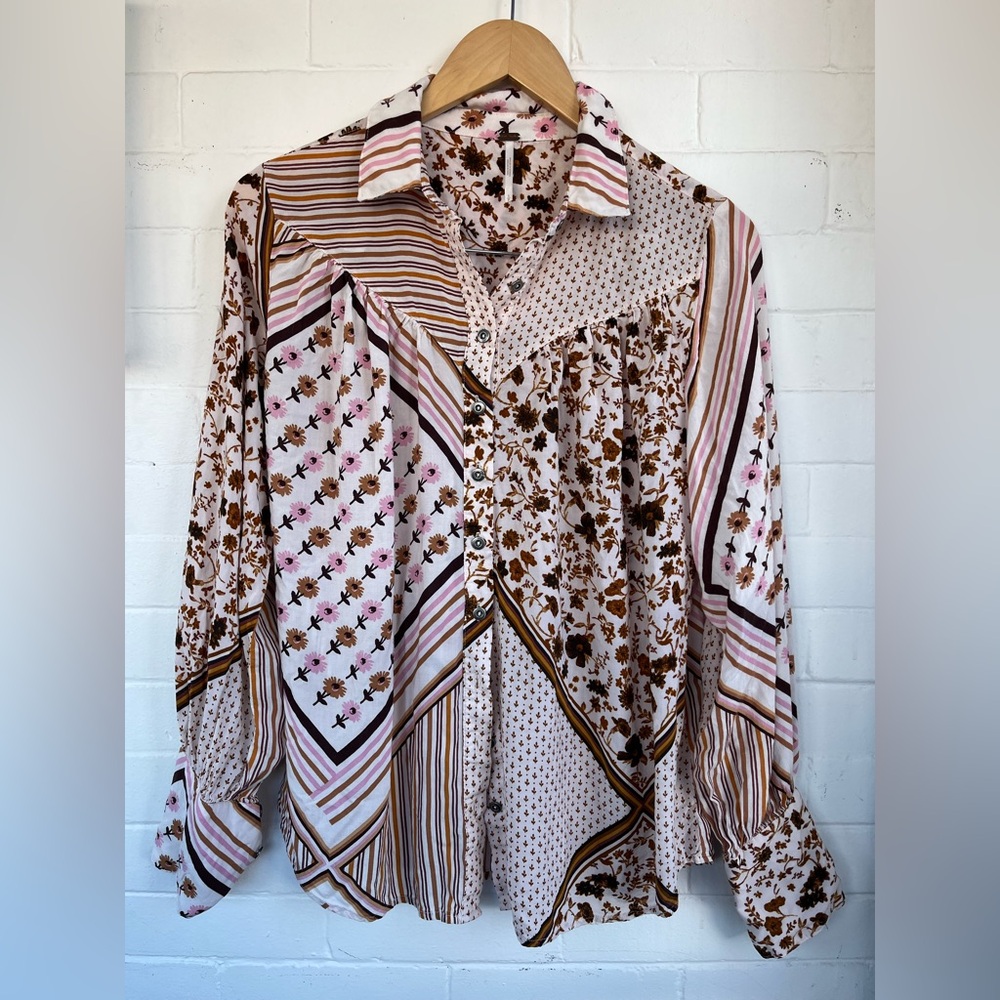 Free People “Hazel” button down vintage-inspired, patchwork design size small